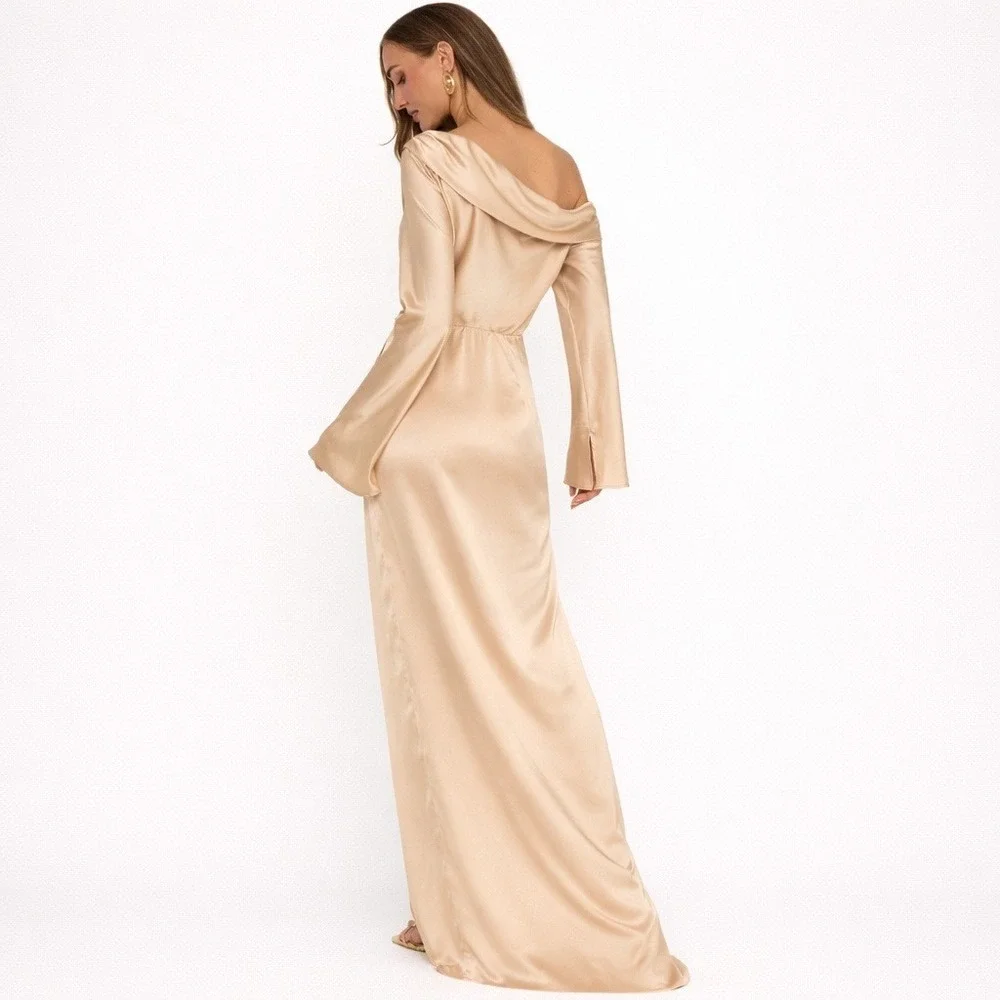 Show Me‎ Your Mumu Jamie Champagne Satin Off Shoulder Maxi Dress Long Sleeve Med